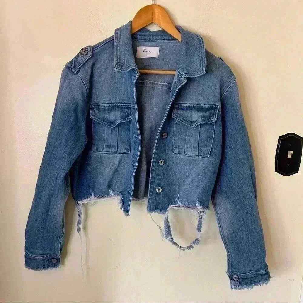 KanCan Destroyed Raw Frayed Hem Cropped Jean Jacket Size L